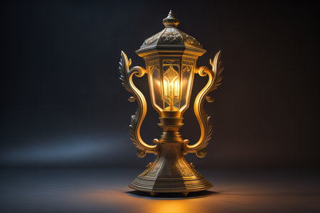 Lantern on a wooden table and a dark background. ai generativeの素材