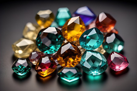 Colorful gemstones on black wooden table, close-up. ai generativeの素材