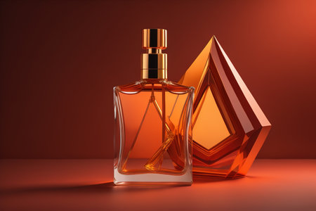 Creative and brandless Perfume bottle and flower on the wooden table, closeup. ai generativeの素材