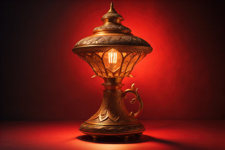 Lantern on a wooden table and a dark background. ai generativeの素材