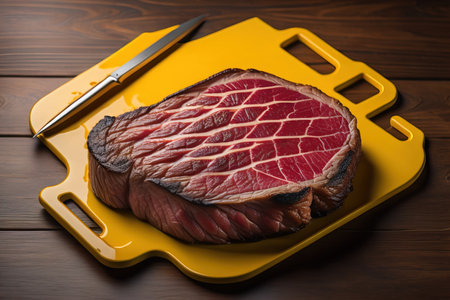 Raw beef sirloin steak with ingredients for cooking on wooden background. ai generativeの素材