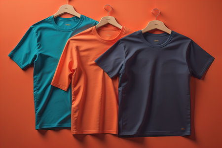 Colorful t-shirts in front of dark background. ai generativeの素材
