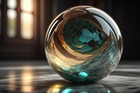 Transparent crystal ball on a wooden table. ai generativeの素材