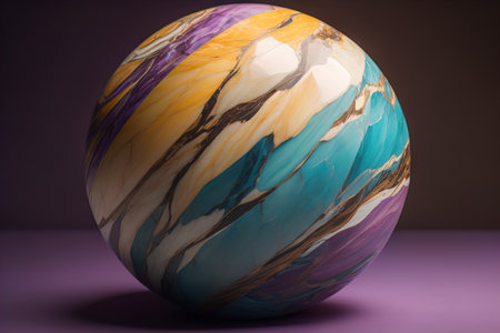 Colorful marble ball on a solid colour background. Close-up. ai generativeの素材