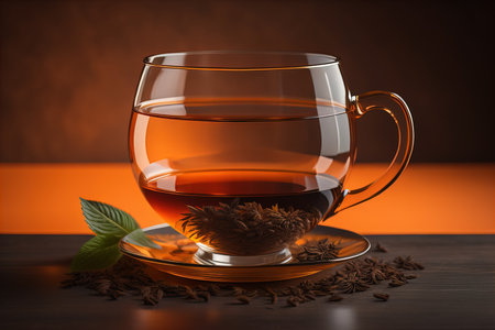 Cup of tea with mint leaves on wooden table, closeup. ai generativeの素材