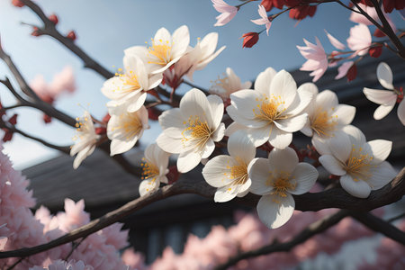 cherry blossom sakura flower on blue sky background, ai generativeの素材