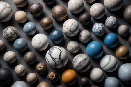 Colorful Variety of marbles as a background, top view, close up. ai generativeの素材