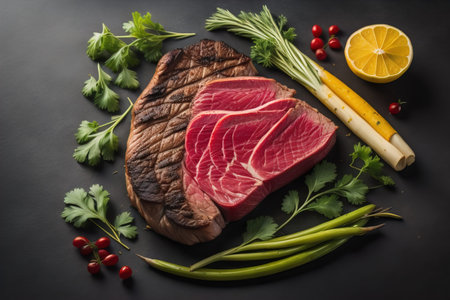 Raw beef sirloin steak with ingredients for cooking on wooden background. ai generativeの素材