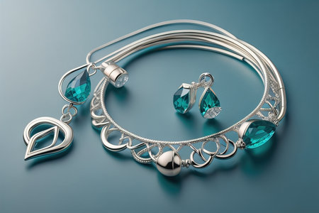 Silver necklace on a solid color background in close-up. ai generativeの素材