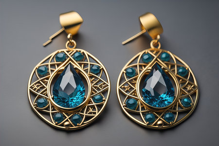 Earrings made of gold on a solid color background close up. ai generativeの素材