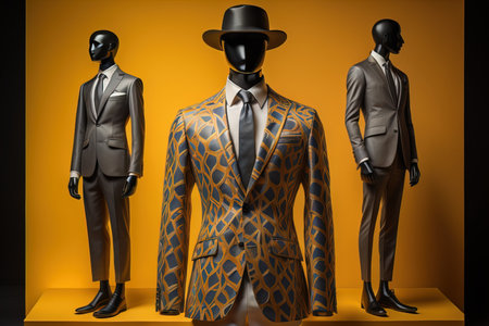 Stylish suits on mannequins on solid color background, closeup. ai generativeの素材