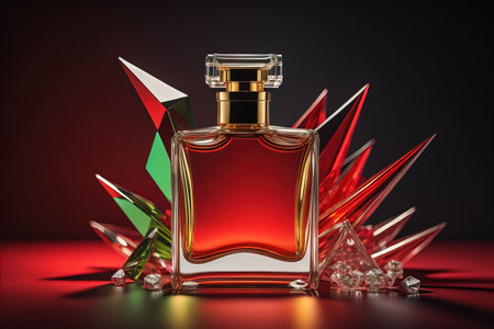 Creative and brandless Perfume bottle and flower on the wooden table, closeup. ai generativeの素材