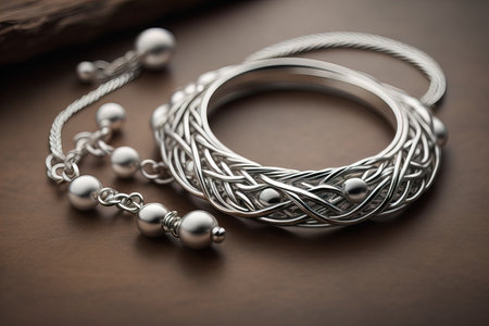 Silver necklace on a solid color background in close-up. ai generativeの素材