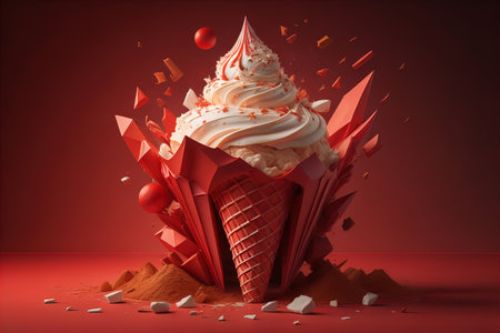 Ice cream in waffle cone on blue background, top view, flat lay. ai generativeの素材