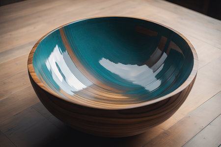 Empty wooden bowl on wooden background. Top view. Copy space. ai generativeの素材