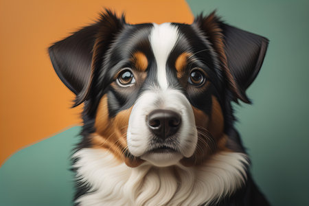 Portrait of a cute dog on a colorful background. Studio shot. ai generativeの素材