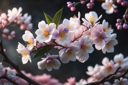 cherry blossom sakura flower on blue sky background, ai generativeの素材