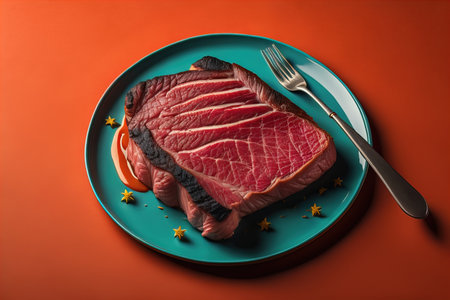 Raw beef sirloin steak with ingredients for cooking on wooden background. ai generativeの素材