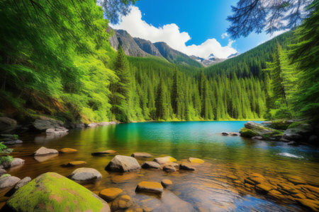 Beautiful mountain lake in the forest. Mountain lake in the mountains. generative aiの素材