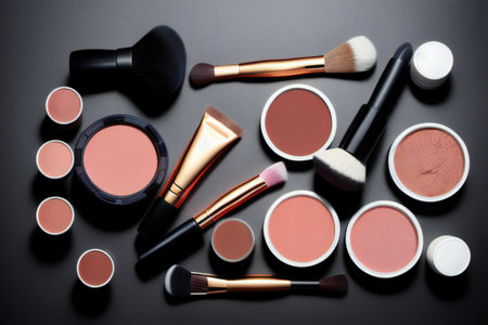 collection of make up and cosmetic beauty products arranged on black background, flat lay. generative aiの素材