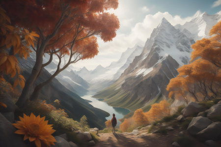 a woman walking on a mountain trail in autumn. generative aiの素材
