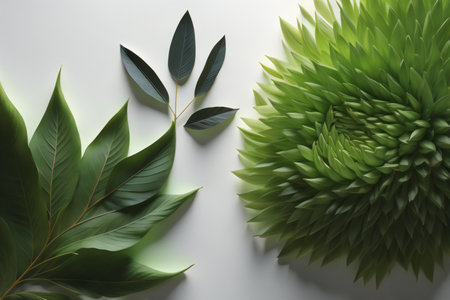 Composition with green leaves on white background, top view. Floral design. generative aiの素材