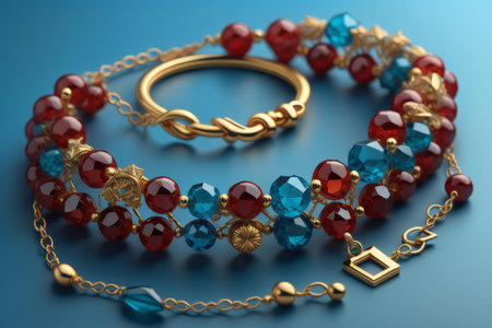 Fashionable bracelet with precious stones on a blue background close up. generative aiの素材