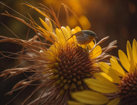 Little bird sitting on a flower in the autumn. Shallow depth of field. generative aiの素材