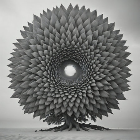 Black and white abstract image of a tree in the shape of a spiral. generative aiの素材