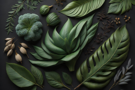 Creative layout made of tropical leaves on black background, flat lay. generative aiの素材