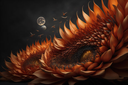 orange sunflowers on black background with moon. generative aiの素材