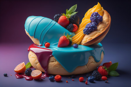 Donut with blue glaze decorated with fruits and berries on a dark background. generative aiの素材