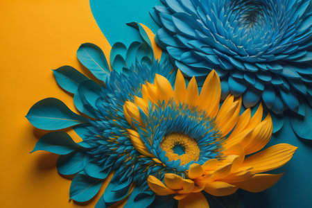 Top view of blue and yellow flower on orange and blue background. generative aiの素材