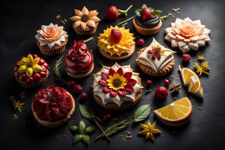 Delicious cupcakes decorated with fresh berries and flowers on a black background. generative aiの素材