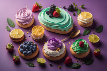 Delicious cupcakes with different fillings on purple background, closeup. generative aiの素材