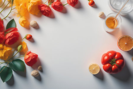 top view of ripe tomatoes, honey, lemon and flowers on white background. generative aiの素材