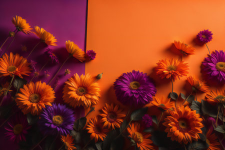 Flowers composition. Colorful flowers on orange and purple background. Flat lay, top view, copy space. generative aiの素材
