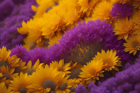 Close up of yellow and purple flowers in a bouquet. Colorful background. generative aiの素材