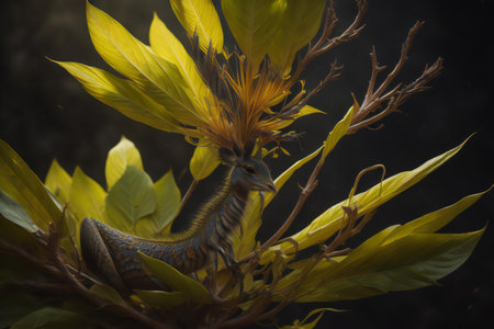 Triceratops vittatus in a tree with yellow flowers. generative aiの素材