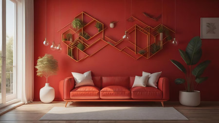 Living room interior design with red sofa and decorative elements. generative aiの素材