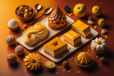 Variety of cakes on orange background. Selective focus. Toned. ai generatedの素材
