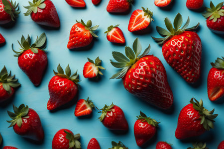 Strawberries on blue background. Top view. Flat lay. ai generatedの素材