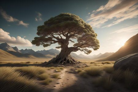 Fantasy landscape with a big tree in the desert. generative aiの素材