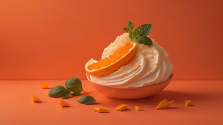 Orange cake with whipped cream and fresh mint leaves on orange background. generative aiの素材