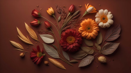 Flowers composition. Colorful flowers composition on brown background. Flat lay, top view, copy space. generative aiの素材