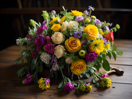 Bouquet of different flowers on a wooden table, close up. generative aiの素材