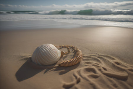 Sea shell on the sand of a beach in the morning light. generative aiの素材