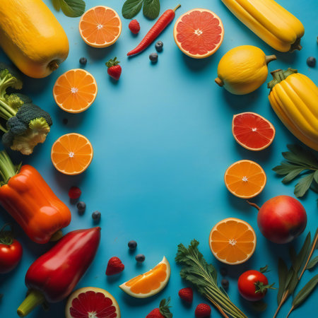 Fresh fruits and vegetables on a blue background. Healthy eating concept. generative aiの素材