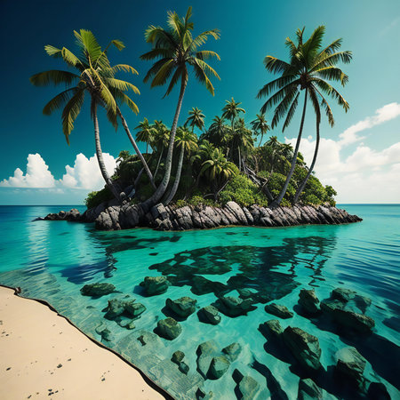 Beautiful tropical island with palm trees and turquoise ocean water. generative aiの素材