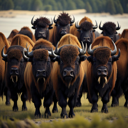 group of bison in the meadow. wild animals in nature. generative aiの素材